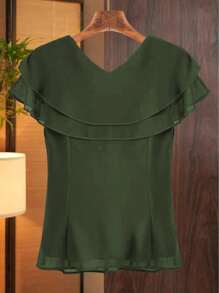 GlowEve Blusa casual da donna con orlo a volant e colore unito - Verde militare - Visualizzare 2