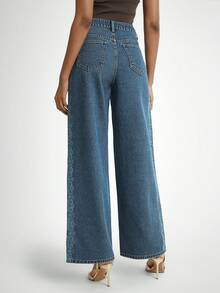 Daynim 女式花卉印花口袋阔腿休闲牛仔裤 - 中等水洗藍 - 查看 3