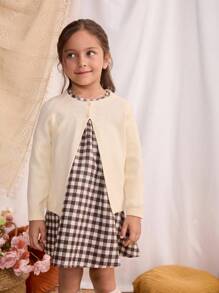 Blossori 年轻女孩优雅灰色纽扣宽松长袖毛衣开衫，秋冬 - 杏色 - 查看 3