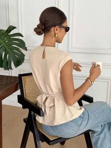 SHEIN Frenchy 女式前系带纯色圆领休闲衬衫