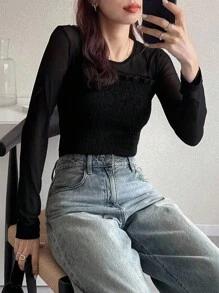 FRIFUL Femmes T-shirt ample à manches longues col rond en couleur noire unie, patchwork en tissu de maille transparente, coupe slim, automne - Noir - Voir 3