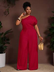 Slaydiva 2025 New Spring/Summer Plus Size Women's Graduation Party/Music Festival/Date/Vintage Western Vacation/Road Trip/Elegant Vacation/Tropical Vacation/Business Casual/Women's Vacation Jumpsuit - Deep Brown Single Shoulder Ruched Waist With Pockets Flared Leg Jumpsuit Plus Size Jumpsuit Jumpsuit For Women Wide Leg Jumpsuit Red Jumpsuit One Shoulder Jumpsuit - Red - View 6