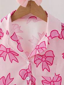 2pcs Young Girls Pajama Set, Pink Hand-Painted Butterfly Print, Retardant Fabric, Elegant Long Sleeve Top And Pants, Sleepwear Bow Pajama Set Pink Pajama Set Fall Winter - Pink - View 3