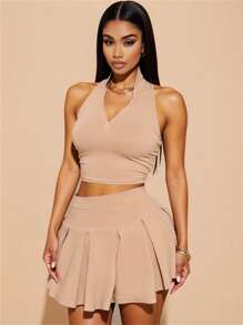 Zolique Solid Color Zipper Half Front Fashionable Tank Top And Solid Color Pleated Skirt Pants Set, Academic Sexy And Playful Style - Khaki - View 5