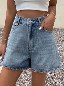 Livesso 女士休闲高腰宽松牛仔短裤，适合通勤和日常穿着，夏季 - 藍色 - 查看 3