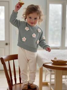 SHEIN 女宝宝宽松休闲可爱3D花朵提花圆领长袖上衣和松紧腰紧身打底裤套装，秋冬 - 綠色 - 查看 3