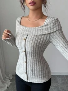 Elenzga Elegant Everyday Turndown Collar Decorative Button Textured Fuzzy Ribbed Women T-Shirt Fall Cloth For Women - Khaki - View 5
