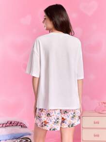 THE POWERPUFF GIRLS X SHEIN Women Blossom, Bubbles, Buttercup Pattern Round Neck Short Sleeve Top And Shorts Pajama Set - White - View 2