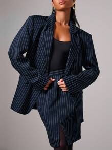 COSMINA 女士条纹翻领长袖夹克和迷你裙休闲套装，秋冬女士办公室服装 - 黑與白 - 查看 1