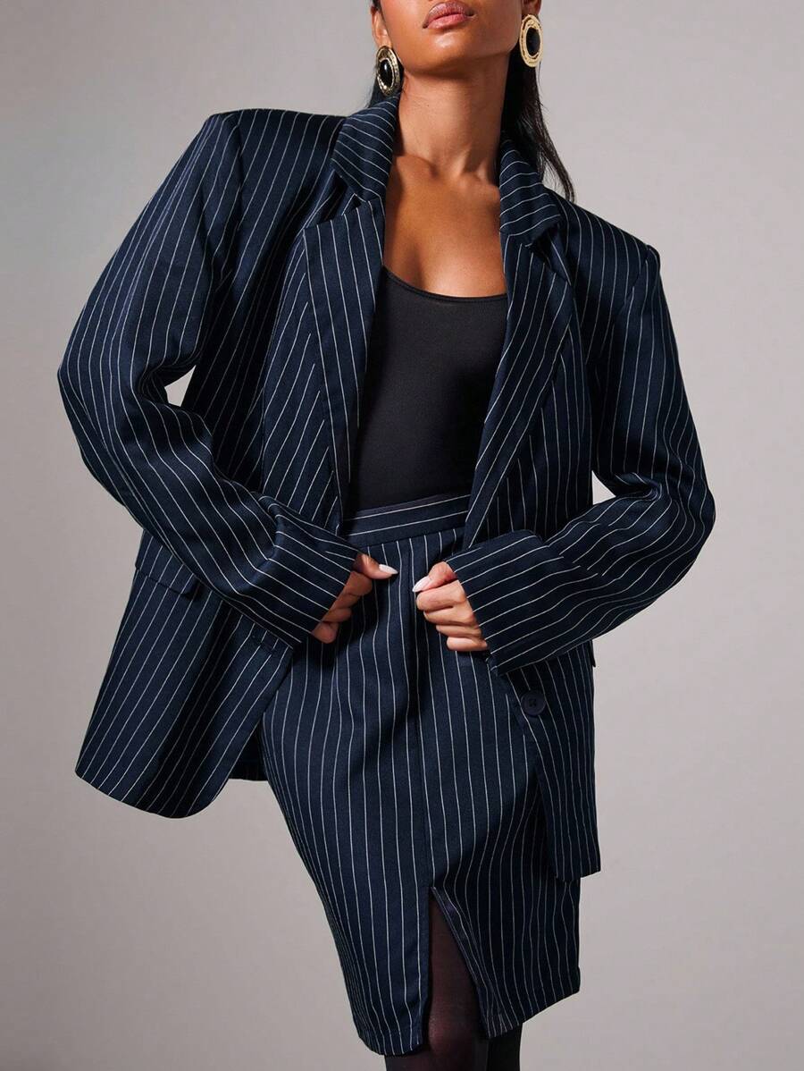 COSMINA 女士条纹翻领长袖夹克和迷你裙休闲套装，秋冬女士办公室服装 - 黑與白 - 查看 1