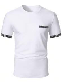 Manfinity Homme Áo thun nam cổ tròn tay ngắn họa tiết Houndstooth chắp vá mùa hè - trắng - Xem 3