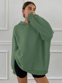 DAZY Áo nỉ trùm đầu màu trơn lót nhiệt thường ngày cỡ lớn - màu xanh lá - Xem 3