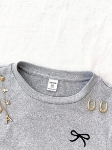 SHEIN Girlism Áo thun dài tay cổ tròn in hình bướm màu xám dành cho bé gái tuổi teen, thiết kế tối giản, nhún eo - Màu Xám nhạt - Xem 7