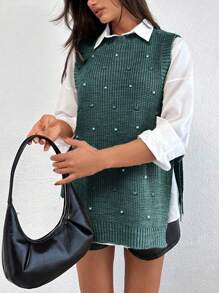 EURMUSE Round Neck Sleeveless Sweater With Pearls - Dark Green - View 3