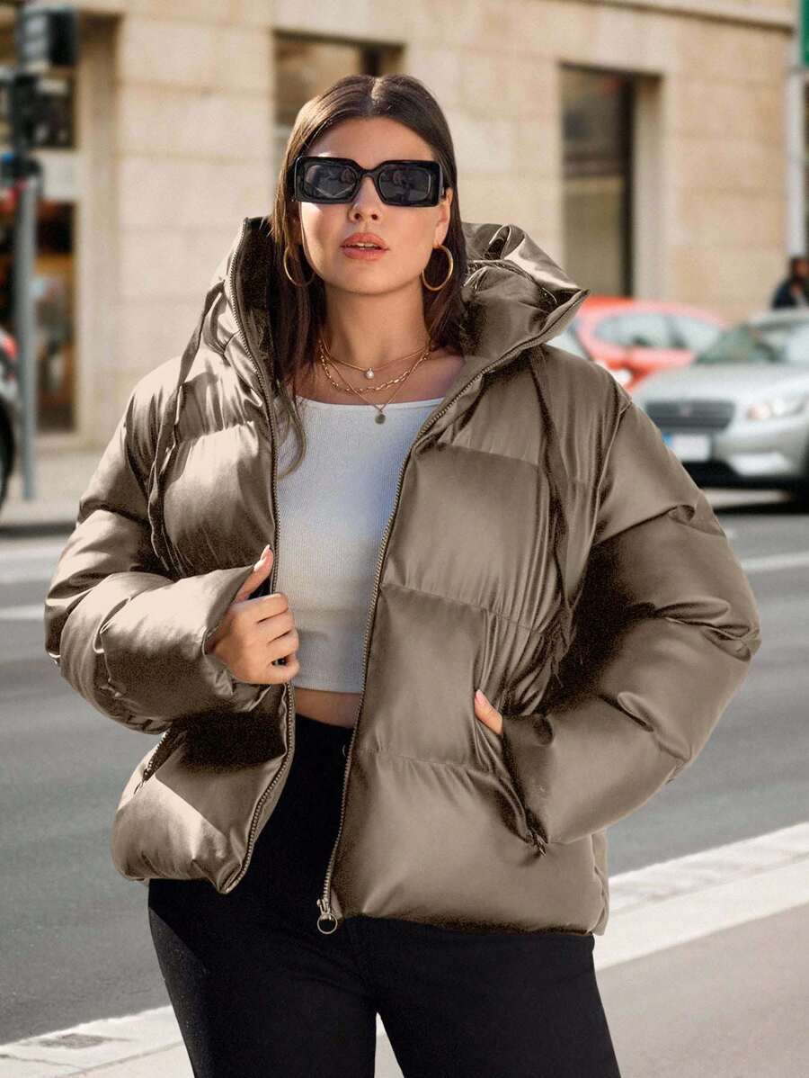 EURMUSE Plus Solid Zip Up Hooded Padded Coat - Beige - View 1