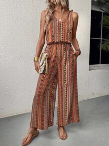 Breezaya 女士波西米亞寬腿連身褲，無袖肩帶連體褲 - 彩色 - 查看 1