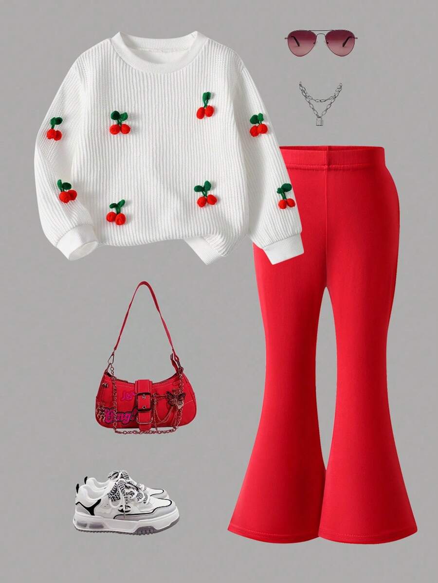 SHEIN 2pcs Set Young Girls Casual Unique Knit Round Neck Top With 3D Cherry Design And Flared Pants, Suitable For Leisure, Cute, Outdoor, Autumn/Winter Fall - Red - View 1