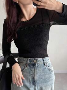 FRIFUL Femmes T-shirt ample à manches longues col rond en couleur noire unie, patchwork en tissu de maille transparente, coupe slim, automne - Noir - Voir 4