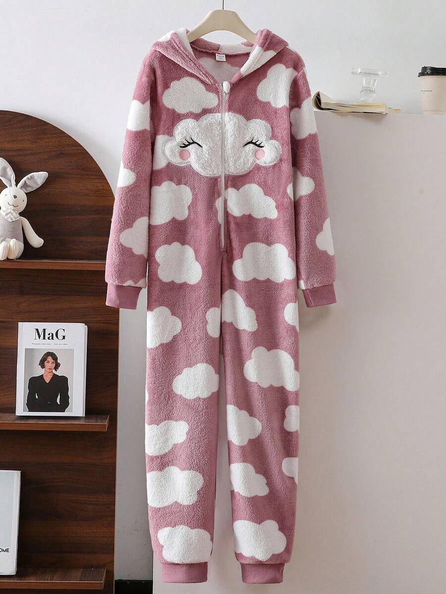Girls' Cute Cloud Pattern Long Sleeve Hooded Jumpsuit, Comfortable & Soft Loungewear Cute Pajamas Fall Winter - Pink - View 1
