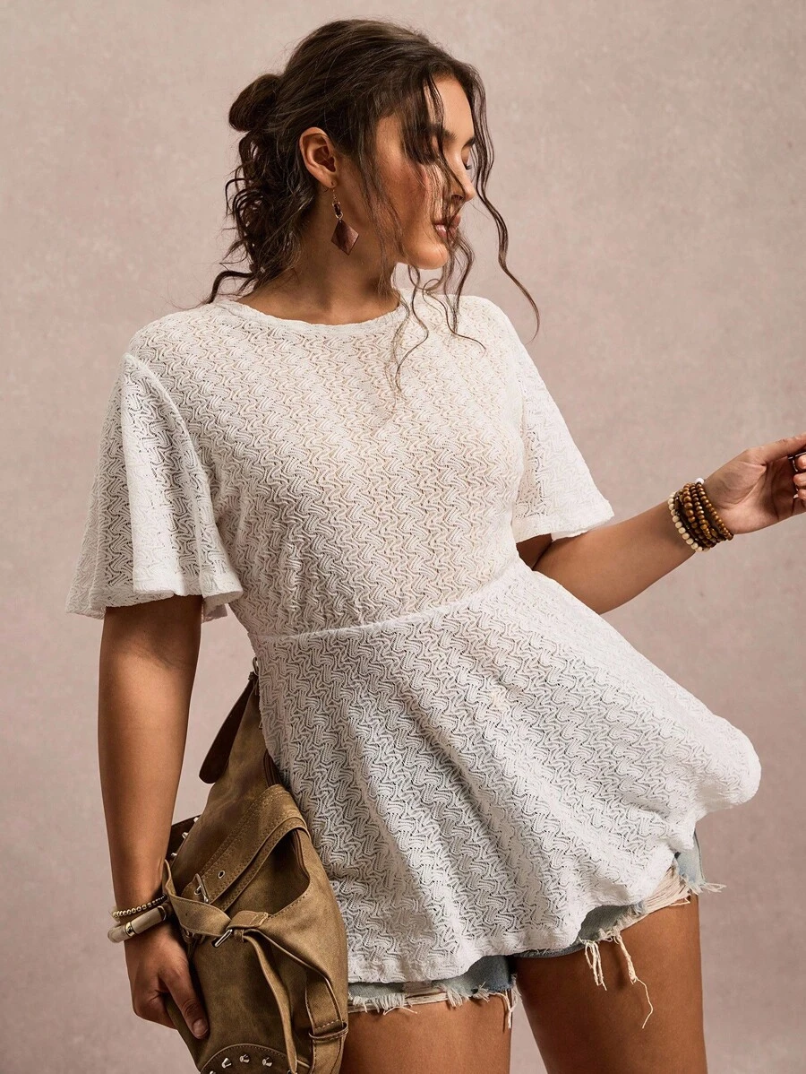 SHEIN VCAY Plus Size Casual Solid Color Textured Short Sleeve T-Shirt White Babydoll Top White Mesh Top Lace Top - Beige - View 1