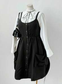 Sunspun 大码无袖连衣裙，带纽扣装饰口袋和抽绳下摆