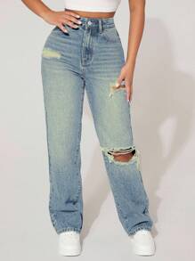 SHEIN PETITE Jeans de mujer de pierna ancha holgados, versátiles y con bolsillos desgastados - Lavado ligero - Ver 4