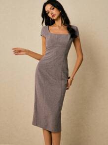 Poéselle 女式梭织修身中长连衣裙 - 灰色 - 查看 5