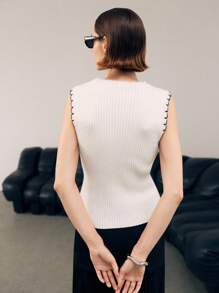 Uhlyne Uhlyne 女款優雅黑白圓領針織背心，辦公室條紋飾邊羅紋無袖上衣，夏季對比色針織毛衣通勤穿搭 - 白色 - 查看 3