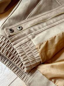 Aveloria Affinna 女式休闲绒面翻领拉链夹克，大口袋，百搭秋冬，高端款式，浅灰色和咖啡色 - 卡其色 - 查看 7