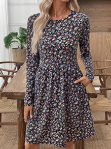 EMERY ROSE Women's Ditsy Floral Round Neck Long Sleeve Casual Mini Dress, Suitable For Vacation Fall Dresses Fall Clothes Winter Clothes For Women Office Dress Work Dresses For Women