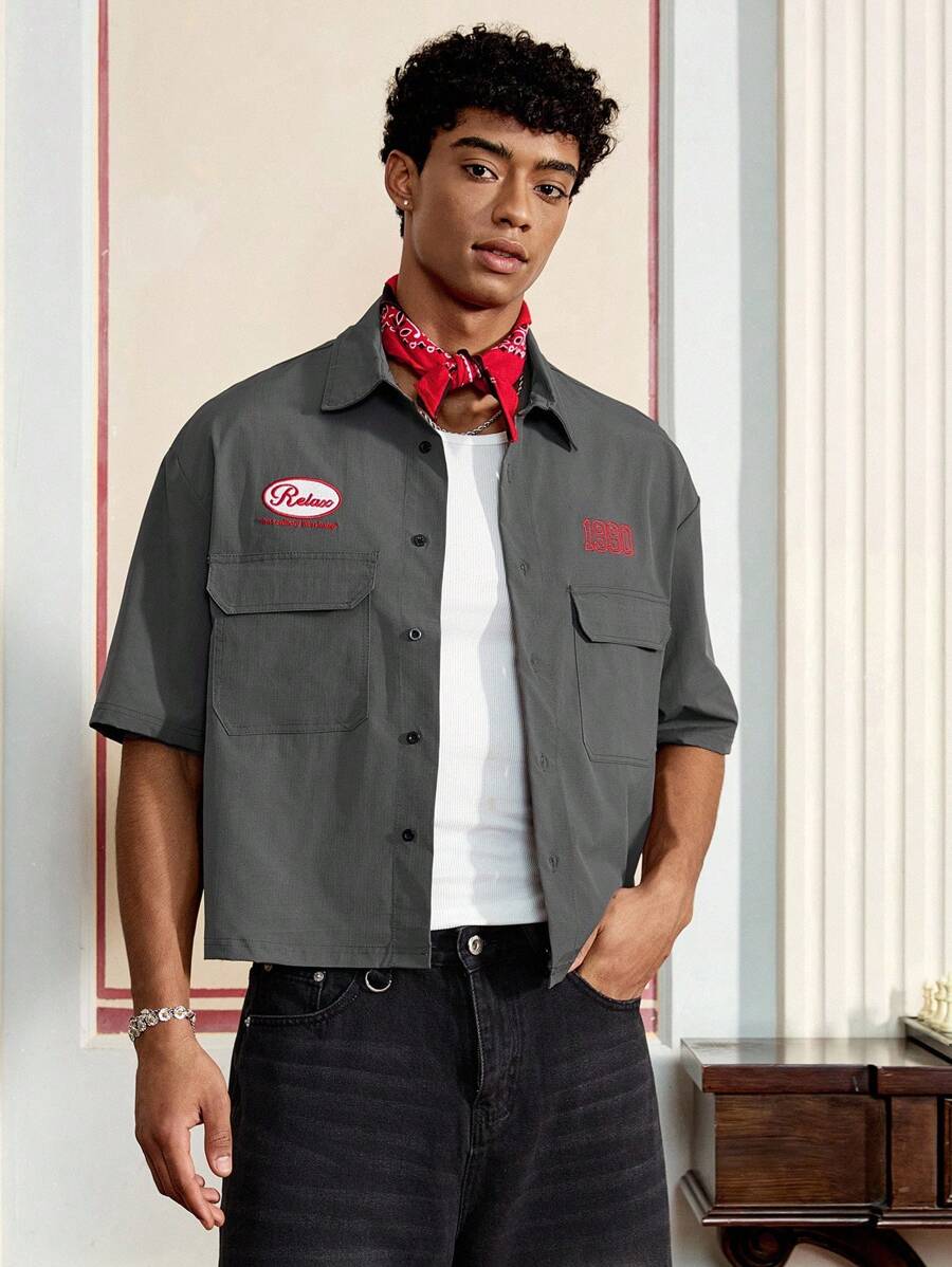 SWAVVY Áo sơ mi nam tay ngắn thêu chữ túi hộp thường ngày - Xám - Xem 1