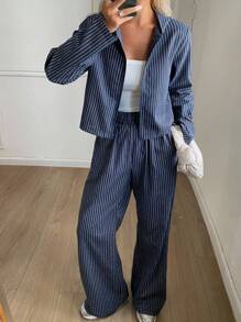 Livesso 女士条纹连帽外套和宽松休闲裤两件套家居服套装