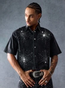 ROMWE MEN Street Life 男士水钻装饰单排扣牛仔衬衫 - 黑色 - 查看 8