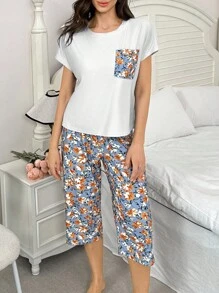 SHEIN 撞色口袋花卉印花短袖和七分裤套装 - 彩色 - 查看 3