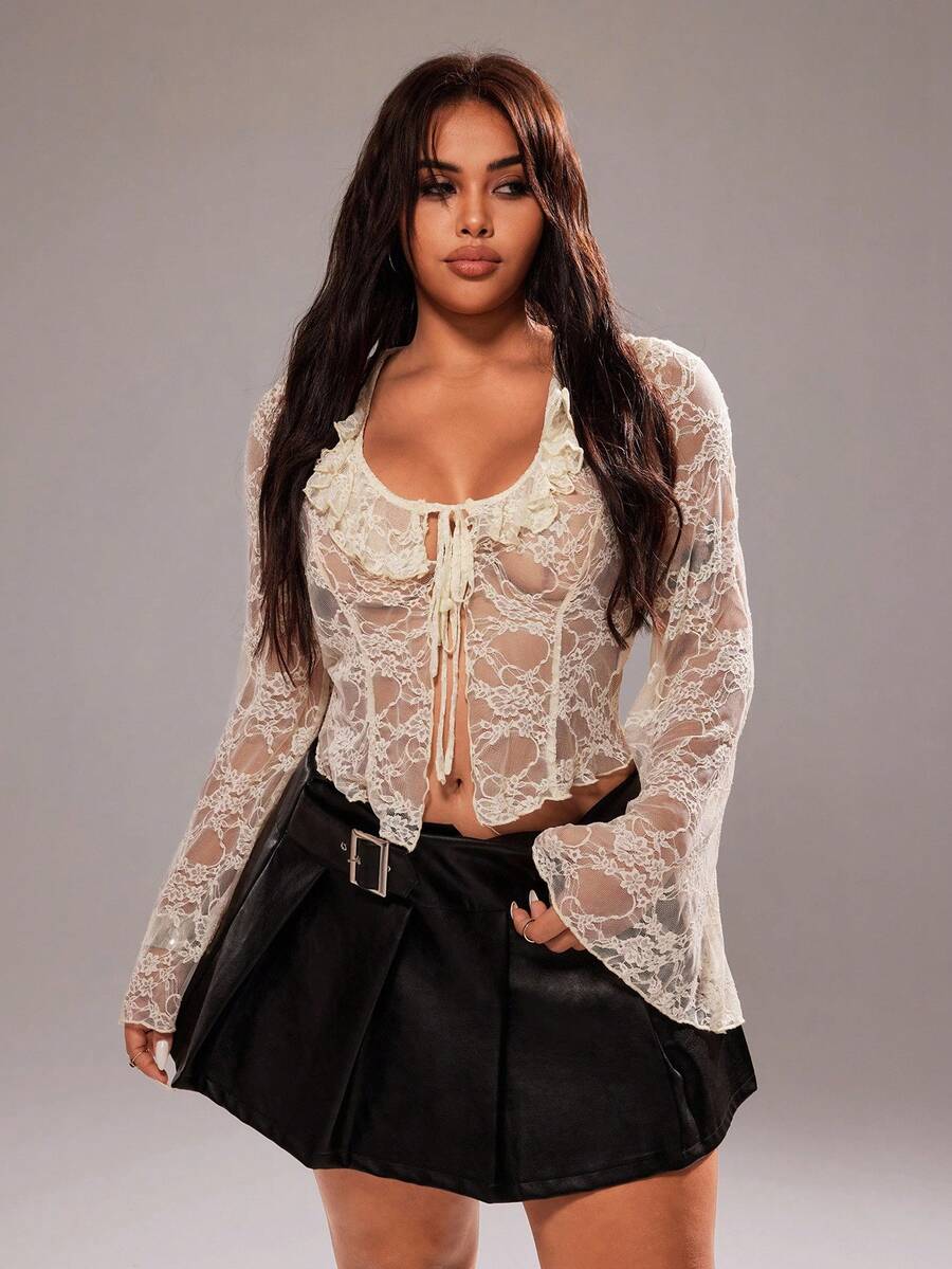 Rustia 大码女式杏色蕾丝透视性感长袖衬衫 - 杏色 - 查看 1