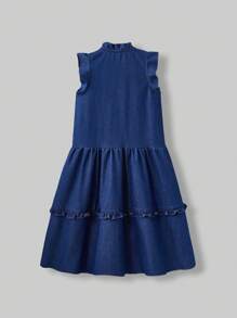 Ontre Tween Girl Floral Print Ruffle Hem & Sleeve Casual Dress - Medium Wash - View 2