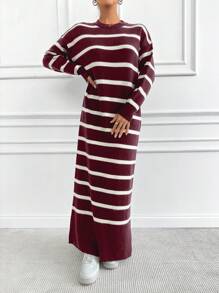 EURMUSE Striped Contrast Color Loose Knit Sweater Dress - Burgundy - View 5