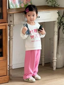 女婴日常休闲蝴蝶结印花圆领运动衫和裤子套装 - 彩色 - 查看 8