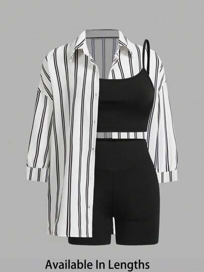 SHEIN PETITE CURVE Plus Size Set, Spaghetti Strap Camisole, Shorts And Striped Long Sleeve Button-Down Shirt,Business Casual Woman Back To School Two Piece Outfits For People Of Shorter Stature