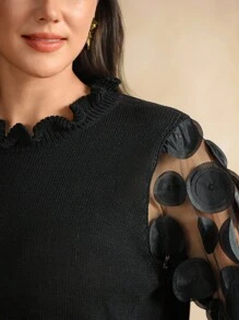 Flouryn Plus Size Women Round Neck Patchwork Round Sequin Mesh Long Sleeve Pullover Sweater Birthday Fall Elegant Women Sweaters Knitted Tops For Women Pullover For Women Fall Winter - Black - View 2