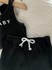 Baby Girl Letter Graphic Tank Top & Tie Front Shorts - Black - View 6