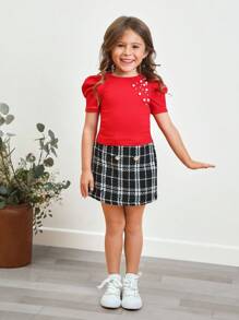 SHEIN Solid Color Casual Short Sleeve Pearl Beaded Ruffle Sleeve T-Shirt For Young Girl