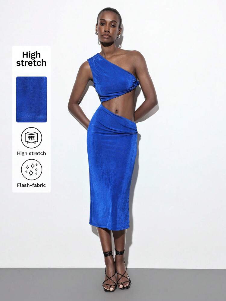 SHEIN Maija Navy Blue Asymmetric Neck Twist-Knot Hollow Out Fitted Women's Dress, Flattering Silhouette For Party, Date, Comfortable Casual, Spring/Summer Festival