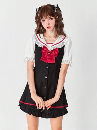 J-Fashion Women's Sweet Contrast Color Patchwork Peter Pan Collar Bow Decor Shirt & Shorts 2 Pieces Set