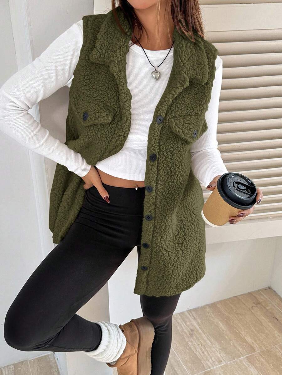 SHEIN EZwear Áo khoác vest Teddy một hàng khuy đơn giản, có vạt đơn màu trơn cho mùa thu/đông - Màu xanh Ô liu - Xem 1