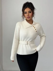SHEIN LUNE Women's Waist Cinching Button Design Long Sleeve Sweater, Autumn/Winter Knit Pullover Fall - Apricot - View 3