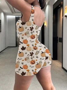 INAWLY Plus Size Pumpkin Print Fitted Romper, For Summer - Khaki - View 3