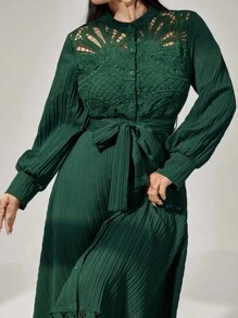 Modelyn Đầm cỡ lớn thanh lịch in hoa, thêu họa tiết chắp vá, khoét lỗ phía trước, cài nút và buộc dây ở eo, tôn dáng cho phụ nữ. - Màu xanh lá cây đậm - Xem 7