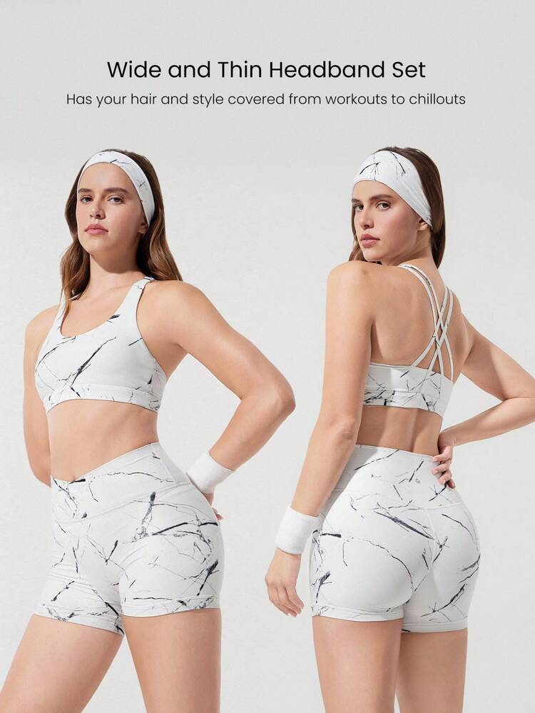 FeatherFit™ 2-Pack White Marble Print Stretchy Soft Headband Set Gym Studio Travel Vacation Daily Active Wear