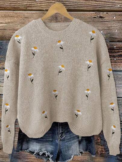 Linhara Plus Size Casual Embroidered Floral Long Sleeve Pullover Sweater Winter Fall Autumn